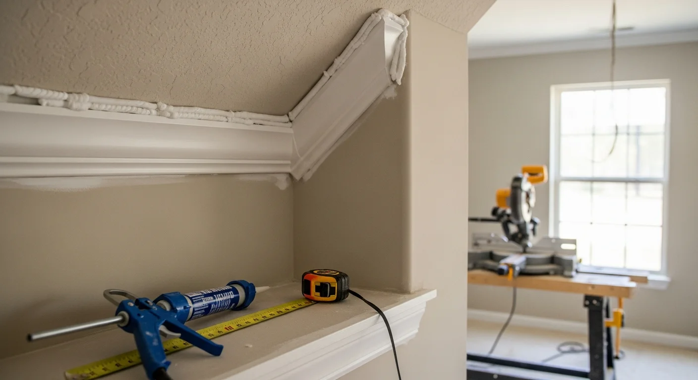 Freshly installed crown molding running along the ceiling line of a living room in a Clay County, Florida home, with clean mitered corners and a smooth caulked finish. The trim is painted white and proportioned to an eight-foot ceiling with matching white baseboards visible below.