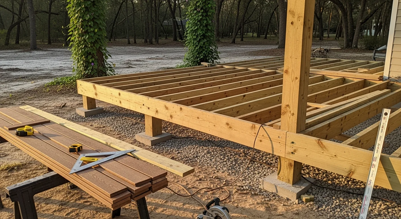 A newly built custom wood deck attached to a single-family home in Clay County, Florida, featuring multi-level platforms and wood railing. The deck extends into a residential backyard with green lawn visible in the background.