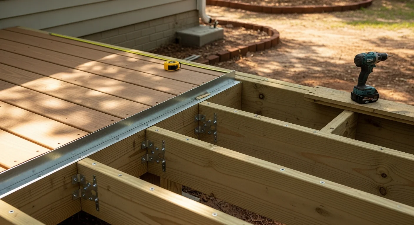 A newly built wood deck attached to the back of a single-family home in Clay County, Florida, featuring code-compliant railings and a clean board layout. The structure sits level against the home's exterior with proper flashing visible at the ledger connection.