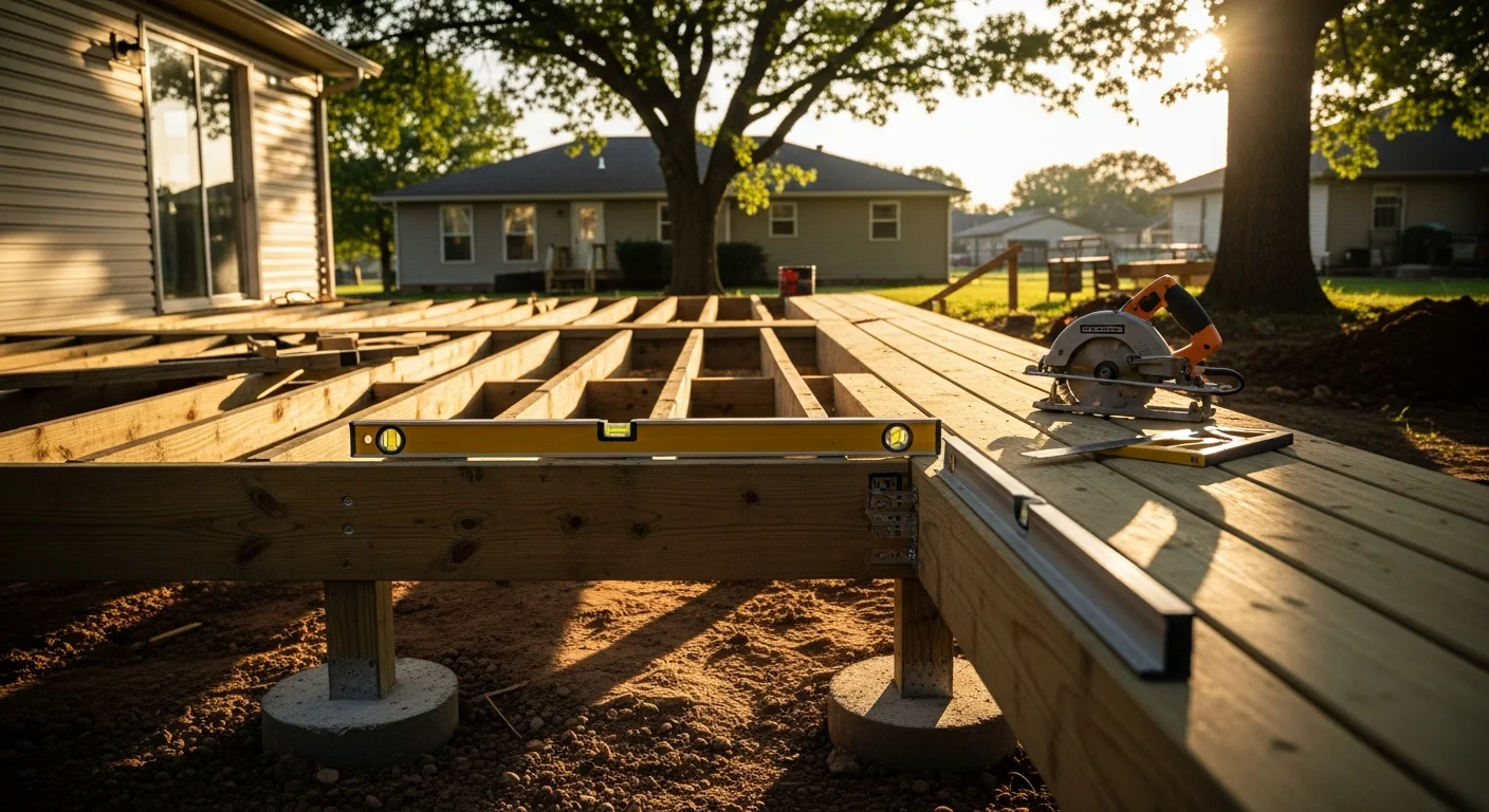A newly built wood deck attached to the back of a residential home in Clay County, Missouri, with open yard space visible beyond the railing. The deck features a clean board layout, structural post supports, and a stair section leading to the lawn.