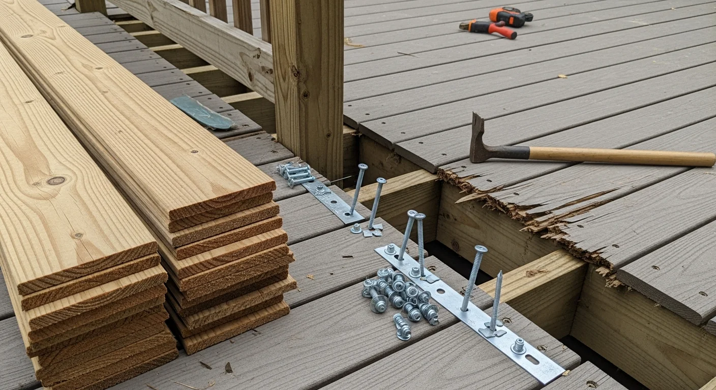 A repaired wood deck behind a Clay County, Florida home showing replaced boards, secured railings, and clean framing. Close-up view shows new fasteners and solid post connections on a residential backyard deck.