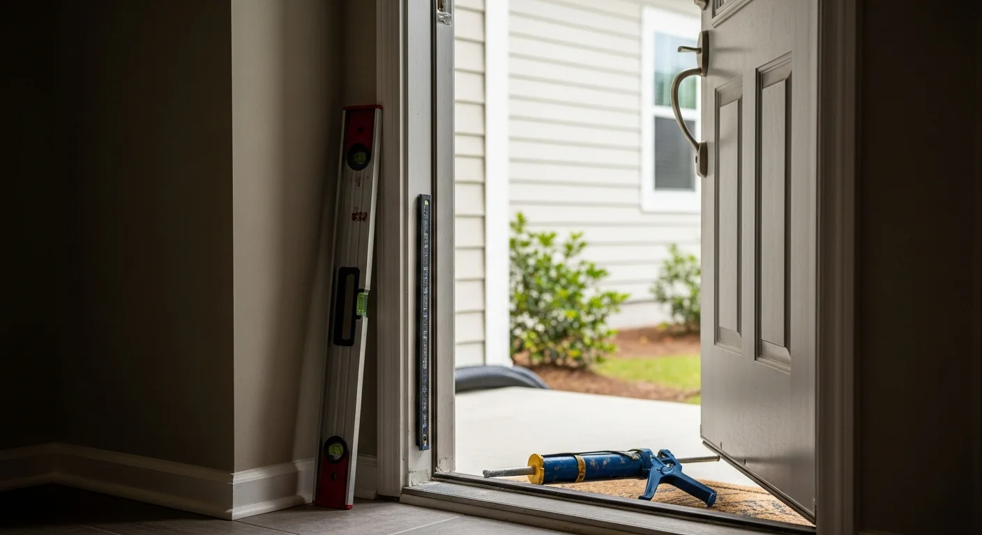A newly installed exterior entry door on a single-family home in Clay County, Florida, with a clean frame, flush fit, and tight weatherseal visible along the threshold. A carpenter from Bourque Exterior Construction LLC checks the door swing and seal during final inspection.
