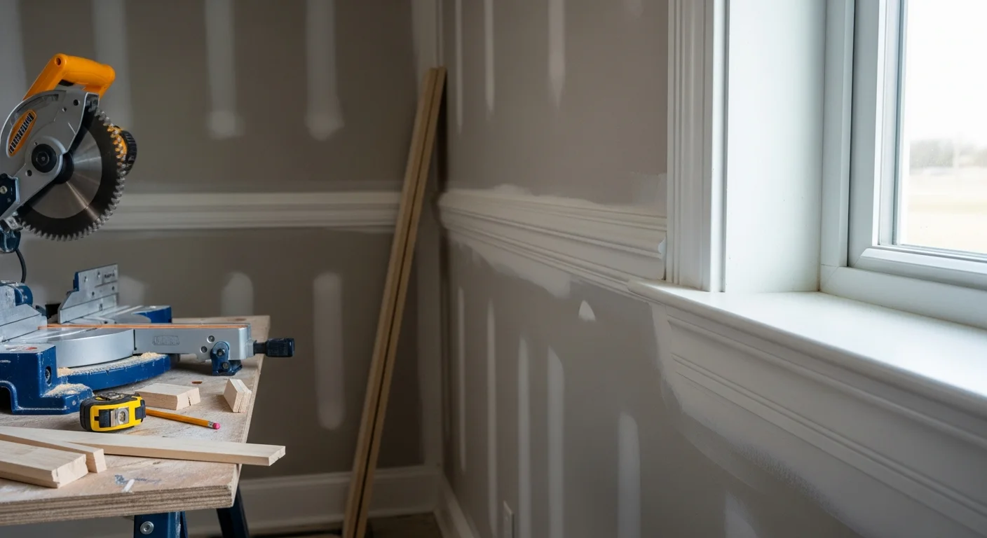 Interior room in a Clay County home showing freshly installed white crown molding, baseboards, and door casings with tight corner joints. Finish carpentry trim runs along the ceiling line and floor perimeter of a newly updated living space.