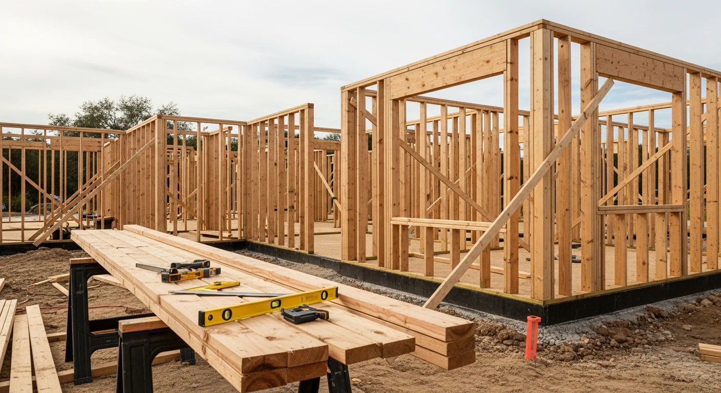 Wood stud wall framing in progress on a residential construction site in Clay County, Florida. Exterior wall frames and headers are visible with open sky in the background.