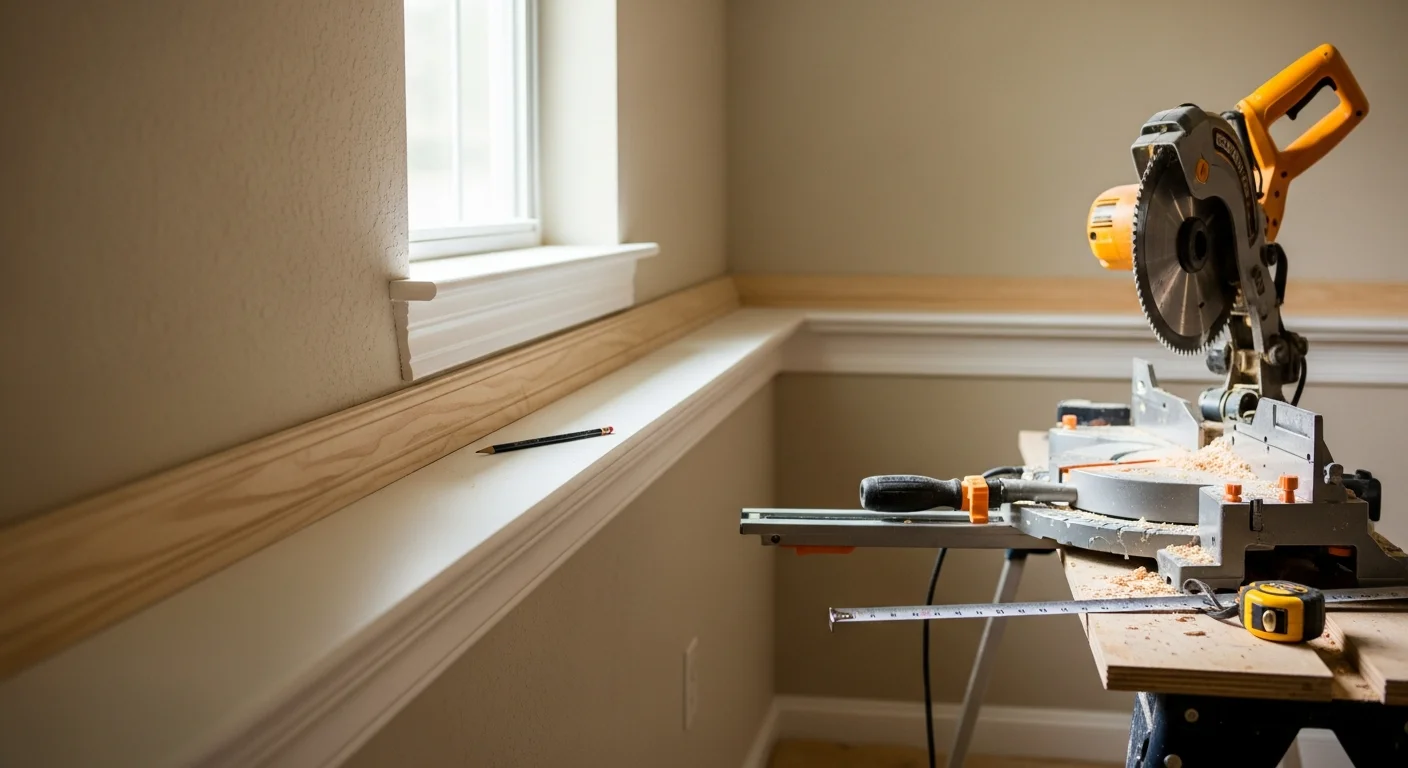 A Clay County, FL home interior showing freshly installed white crown molding and baseboards along a painted wall. Clean miter joints are visible at the corners where the trim meets.