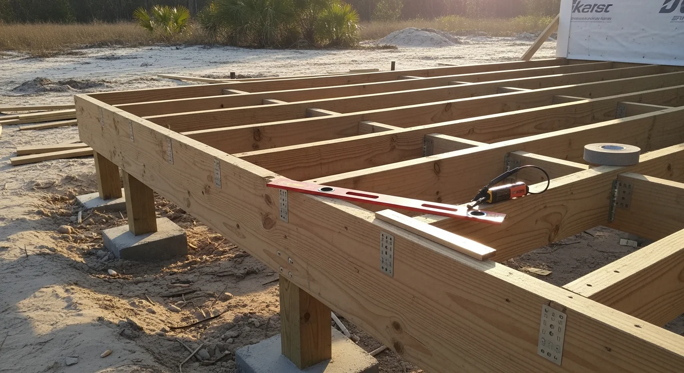 A newly built residential wood deck attached to the back of a single-family home in Clay County, FL. The deck features code-compliant railings and pressure-treated framing suited for Florida's humid outdoor conditions.
