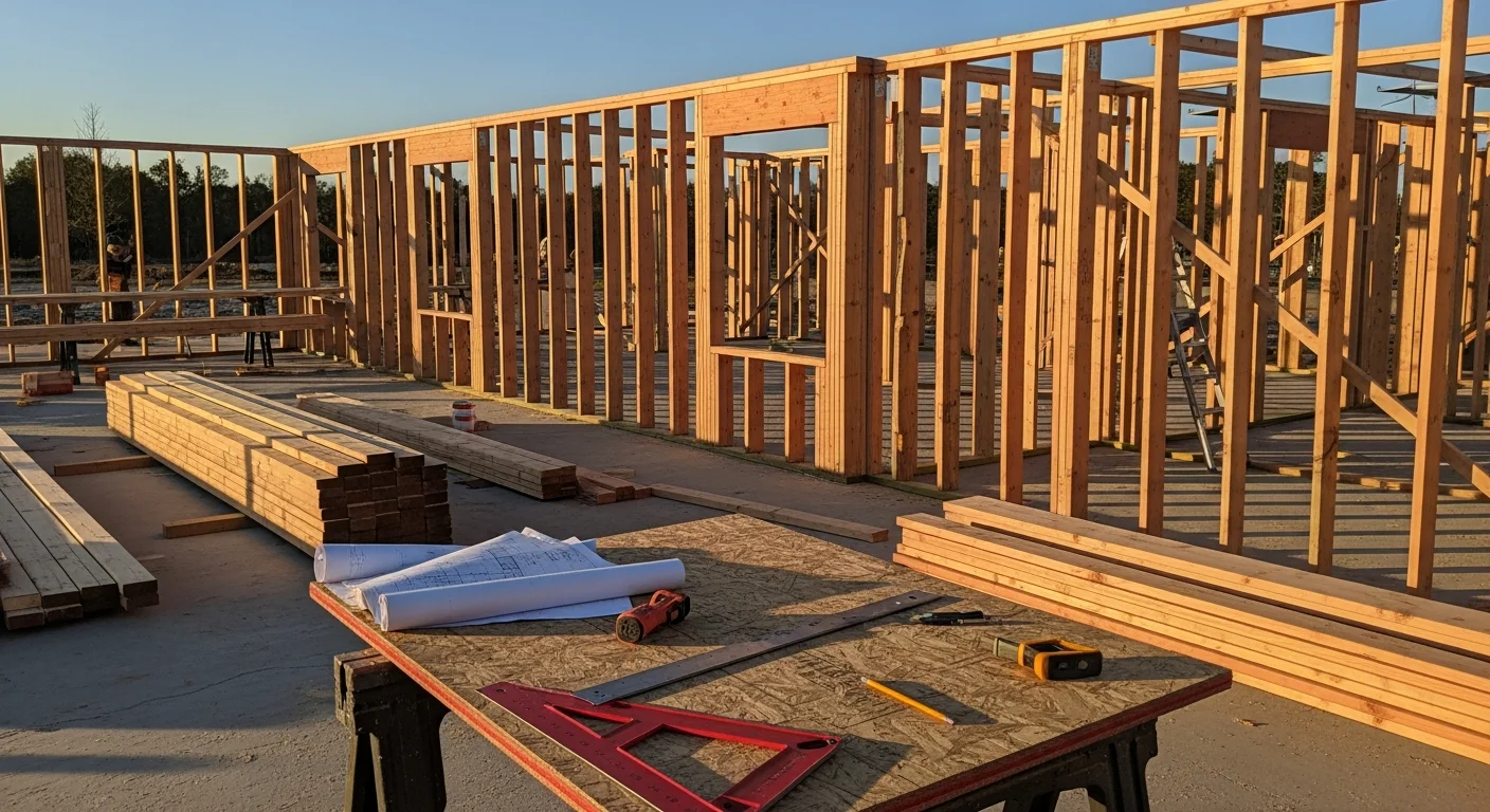 Exposed wood structural framing on a residential construction project in Clay County, Florida, showing wall studs, headers, and roof framing in progress. A general contractor crew works on site with the frame fully erected before sheathing is applied.
